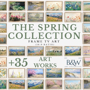 Könnte beinhalten: Eine Sammlung von über 35 Frühlingsbildern in verschiedenen Stilen, die Landschaften, Blumen und Bäume zeigen. Die Bilder sind gerahmt und bereit zum Aufhängen. Der Text "THE SPRING COLLECTION FRAME TV ART (16:9 RATIO) +35 ART WORKS EST. 2022 B&W ART COLLECTIVE" ist auf dem Bild zu sehen.