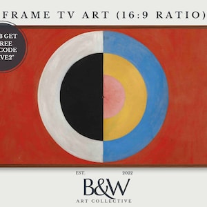 Puede incluir: Una impresión de arte abstracto enmarcada que presenta un círculo con anillos concéntricos en negro, blanco, amarillo, rosa y azul sobre un fondo rojo. La impresión tiene una proporción de 16:9 y se titula "FRAME TV ART".