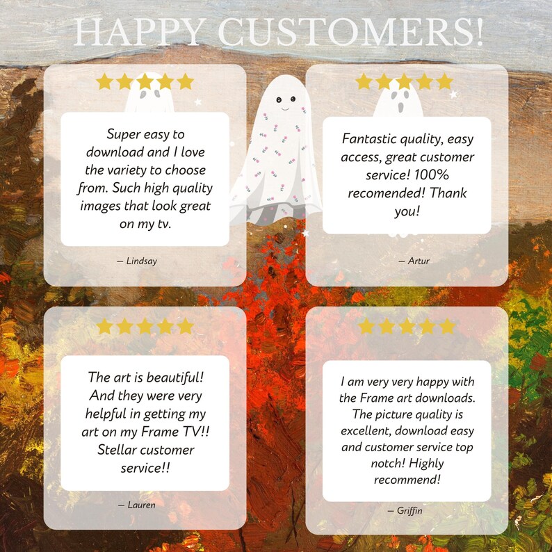 May include: Four customer reviews with five stars each, featuring positive feedback about the quality and service of a digital art download service. The reviews include quotes like "Super easy to download and I love the variety to choose from." and "Fantastic quality, easy access, great customer service! 100% recommended!"