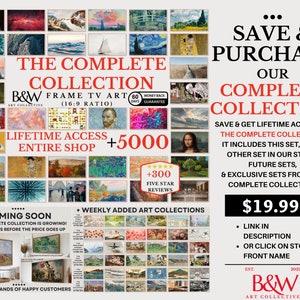 May include: Promotional graphic for B&W Frame TV Art's Complete Collection, showcasing a grid of famous artworks. Text highlights lifetime access to over 5000 pieces, weekly additions, and a 60-day money-back guarantee. The price is $19.99.
