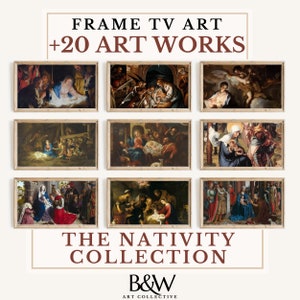 May include: A collection of 20 framed art prints depicting the Nativity scene. The prints are arranged in a grid pattern on a white background. The text "FRAME TV ART +20 ART WORKS" is at the top of the image. The text "THE NATIVITY COLLECTION" is at the bottom of the image. The text "B&W ART COLLECTIVE" is at the very bottom of the image.