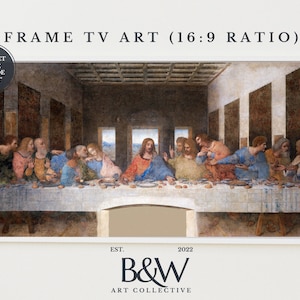 Puede incluir: Una impresión enmarcada de La Última Cena de Leonardo da Vinci, una famosa pintura renacentista que representa a Jesucristo y sus discípulos en la Última Cena. La pintura está en una proporción de 16:9, perfecta para una pantalla de televisión.