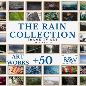 Puede incluir: Un collage de 25 imágenes enmarcadas que representan diferentes escenas de lluvia, incluyendo un arcoíris, una ciudad, un bosque, una carretera y una playa. El texto "THE RAIN COLLECTION FRAME TV ART (16:9 RATIO)" se muestra en letras azules. Debajo de las imágenes, el texto "ART WORKS +50 EST. 2022 B&W ART COLLECTIVE" se muestra.