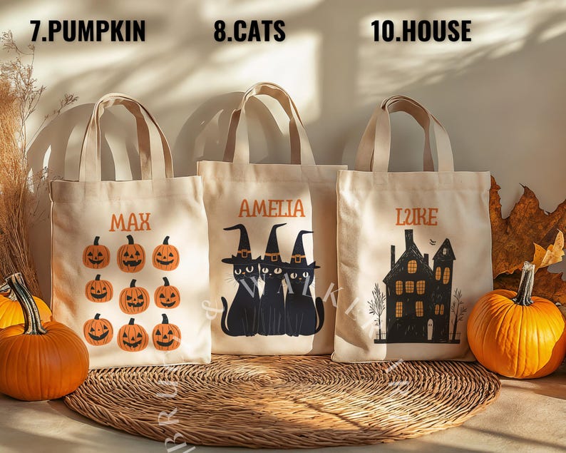 May include: Three Halloween-themed tote bags with personalized names. The first bag features a pumpkin design and the name "Max". The second bag features a black cat design and the name "Amelia". The third bag features a house design and the name "Lizzie".
