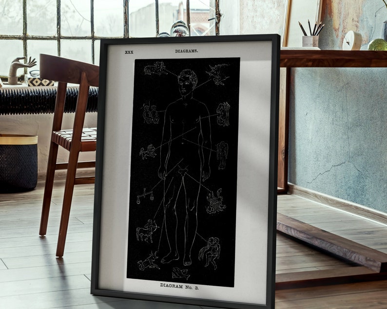 May include: Black and white anatomical diagram of a human body with various symbols and lines connecting to different parts of the body. The diagram is titled "DIAGRAM No. 3" and is framed in a black frame.
