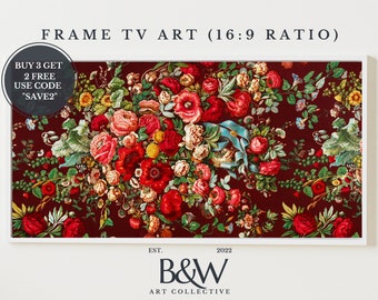May include: A framed print of a vintage floral pattern with red, pink, white, and green flowers on a dark red background. The print has a white frame and the text "EST. 2022 B&W ART COLLECTIVE" at the bottom.