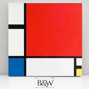 Puede incluir: Pintura abstracta con un esquema de color rojo, azul, amarillo y negro. La pintura está dividida en cuadrados y rectángulos. La pintura se titula "Composición con rojo, azul, amarillo y negro" de Piet Mondrian.