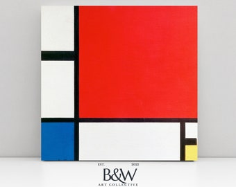 Vintage Red Minimalist Painting  | Square Abstract | Texture Blue Wall Art Print | Mondrian | Composition with RBY | Digital PRINTABLE | 12