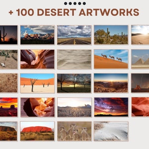 May include: A selection of framed artworks depicting desert landscapes. The images feature scenes such as cacti, sand dunes, canyons, and sunsets. The text at the top reads "+ 100 DESERT ARTWORKS".