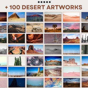 May include: A selection of desert artworks showcasing diverse landscapes, including sand dunes, cacti, and rock formations. The images feature a pyramid, a camel, and a road. The text at the top reads "+ 100 DESERT ARTWORKS".