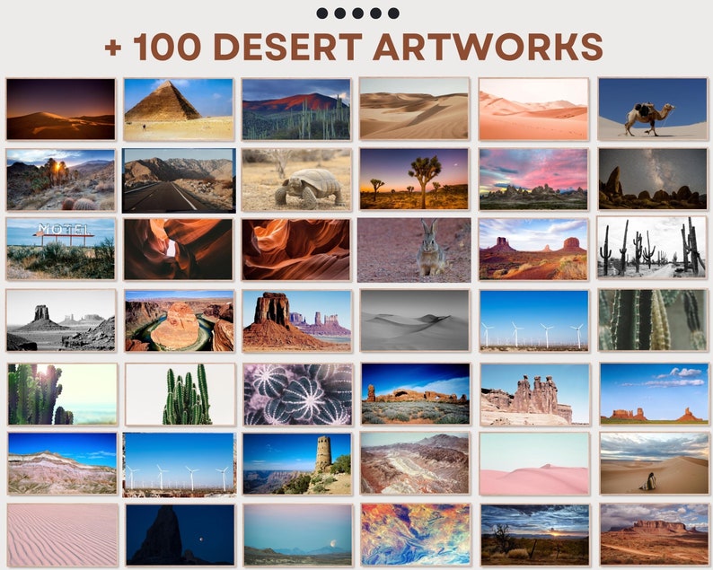 May include: A selection of desert artworks showcasing diverse landscapes, including sand dunes, cacti, and rock formations. The images feature a pyramid, a camel, and a road. The text at the top reads "+ 100 DESERT ARTWORKS".