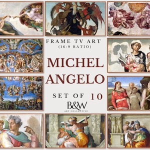 May include: A set of 10 framed prints featuring artwork by Michelangelo. The prints are in a 16:9 ratio and are titled "FRAME TV ART (16:9 RATIO)" and "MICHEL ANGELO SET OF 10 B&W ART COLLECTIVE".