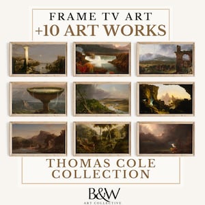 Puede incluir: Un collage de diez impresiones de arte enmarcadas que presentan pinturas de paisajes de Thomas Cole. Las pinturas están en un marco marrón rústico con un passe-partout blanco. El título "FRAME TV ART +10 ART WORKS" está en la parte superior del collage. El título "THOMAS COLE COLLECTION" está en la parte inferior del collage. El logotipo "B&W ART COLLECTIVE" está en la parte inferior del collage.