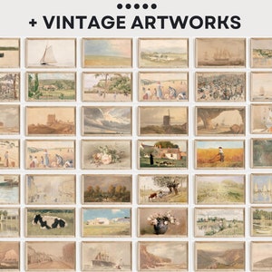 May include: A collection of 36 vintage artworks in ornate frames, showcasing a variety of subjects and styles, including landscapes, seascapes, and still lifes.