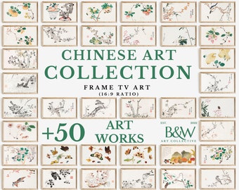 May include: A collection of over 50 Chinese art prints featuring traditional paintings of birds, flowers, and landscapes. The prints are framed in a simple, elegant style and are perfect for adding a touch of Asian culture to any home.