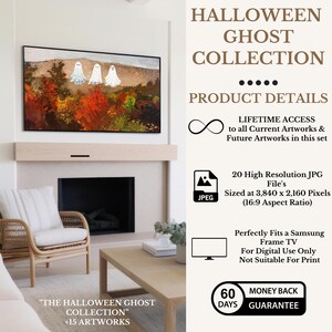 May include: A digital art collection of 15 Halloween ghost illustrations. The image shows a framed artwork of three white ghosts in a forest setting. The text "The Halloween Ghost Collection" and "15 Artworks" is visible below the image.