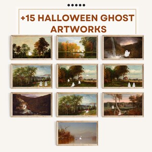 May include: A collection of 15 framed prints featuring various landscapes with white ghost figures. The prints are arranged in a grid pattern on a white wall.  The title " +15 HALLOWEEN GHOST ARTWORKS" is displayed at the top of the image.