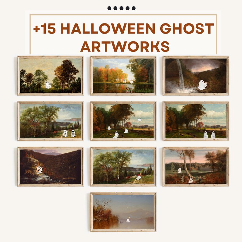 May include: A collection of 15 framed prints featuring various landscapes with white ghost figures. The prints are arranged in a grid pattern on a white wall.  The title " +15 HALLOWEEN GHOST ARTWORKS" is displayed at the top of the image.