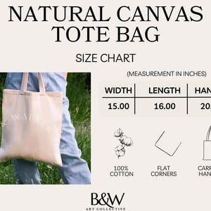 May include: A natural canvas tote bag with flat corners and carrying handles. The bag is made of 100% cotton and measures 15 inches wide, 16 inches long, and has a 20 inch handle.