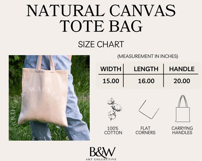 May include: A natural canvas tote bag with flat corners and carrying handles. The bag is made of 100% cotton and measures 15 inches wide, 16 inches long, and has a 20 inch handle.