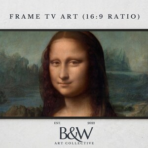 May include: A framed print of a painting of a woman with dark hair and a soft smile. The painting is in a 16:9 ratio and is framed in a black frame. The text "EST. 2022 B&W ART COLLECTIVE" is at the bottom of the frame.