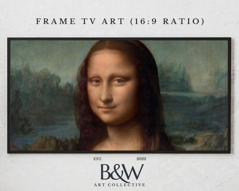 May include: A framed print of a painting of a woman with dark hair and a soft smile. The painting is in a 16:9 ratio and is framed in a black frame. The text "EST. 2022 B&W ART COLLECTIVE" is at the bottom of the frame.