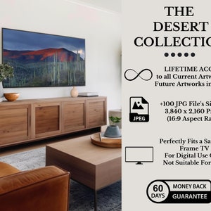 May include: A modern living room with a wooden cabinet and coffee table. A large TV displays a desert landscape. The text "THE DESERT COLLECTION" is displayed, along with information about the digital artwork set.