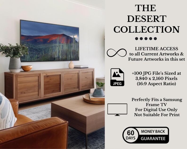 May include: A modern living room with a wooden cabinet and coffee table. A large TV displays a desert landscape. The text "THE DESERT COLLECTION" is displayed, along with information about the digital artwork set.