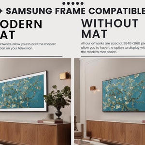 May include: Two images showing the difference between a Samsung Frame TV with and without a modern mat option. The image on the left shows a painting with a white mat, while the image on the right shows the same painting without a mat.