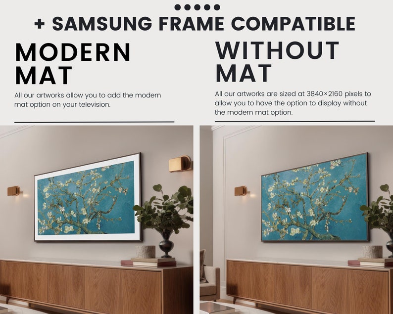 May include: Two images showing the difference between a Samsung Frame TV with and without a modern mat option. The image on the left shows a painting with a white mat, while the image on the right shows the same painting without a mat.