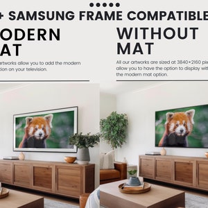 May include: A comparison of two images showing a red panda artwork displayed on a Samsung Frame TV. The image on the left shows the artwork with a modern mat, while the image on the right shows the artwork without a mat. Both images show the artwork displayed on a TV in a living room setting.