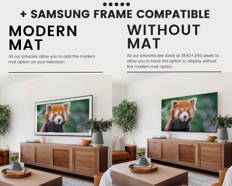 May include: A comparison of two images showing a red panda artwork displayed on a Samsung Frame TV. The image on the left shows the artwork with a modern mat, while the image on the right shows the artwork without a mat. Both images show the artwork displayed on a TV in a living room setting.
