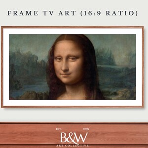 May include: A framed print of a painting of a woman with long dark hair. The painting is in a wooden frame and is hanging on a wall. The text "FRAME TV ART (16:9 RATIO)" is at the top of the image. The text "EST. 2022 B&W ART COLLECTIVE" is at the bottom of the image.
