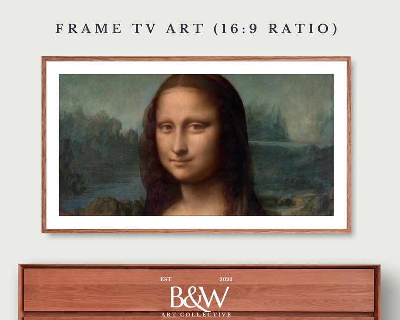 May include: A framed print of a painting of a woman with long dark hair. The painting is in a wooden frame and is hanging on a wall. The text "FRAME TV ART (16:9 RATIO)" is at the top of the image. The text "EST. 2022 B&W ART COLLECTIVE" is at the bottom of the image.