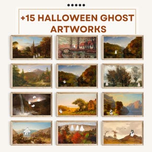 May include: A collage of 15 digital paintings featuring Halloween ghost imagery. Each painting is framed in a light brown frame and depicts a variety of landscapes, including forests, rivers, and mountains. The ghosts are depicted in various poses and sizes, and some are even holding lanterns.