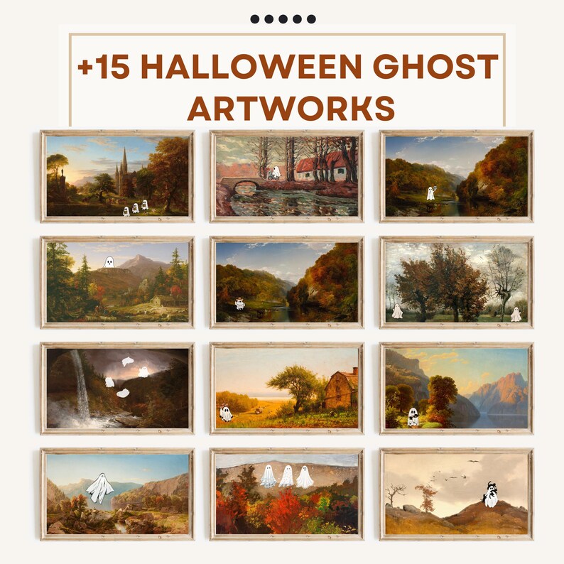 May include: A collage of 15 digital paintings featuring Halloween ghost imagery. Each painting is framed in a light brown frame and depicts a variety of landscapes, including forests, rivers, and mountains. The ghosts are depicted in various poses and sizes, and some are even holding lanterns.