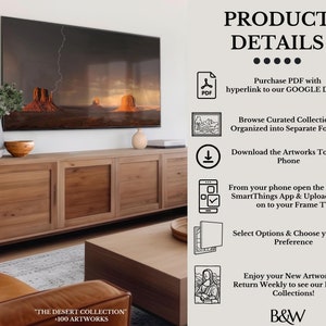 May include: A digital artwork of a desert scene with a stormy sky is displayed on a large TV above a wooden cabinet. The image includes text that reads "The Desert Collection +100 Artworks".