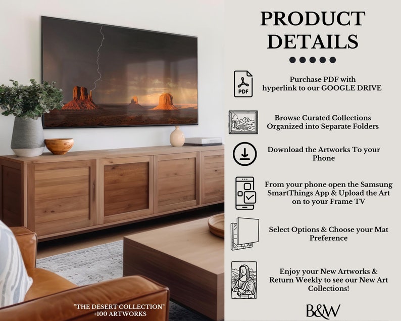 May include: A digital artwork of a desert scene with a stormy sky is displayed on a large TV above a wooden cabinet. The image includes text that reads "The Desert Collection +100 Artworks".