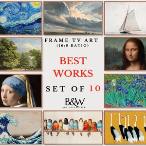 May include: A set of 10 framed art prints featuring famous paintings, including The Starry Night, The Mona Lisa, and The Great Wave off Kanagawa. The prints are arranged in a grid with the text "FRAME TV ART (16:9 RATIO)" and "BEST WORKS SET OF 10 B&W ART COLLECTIVE" in the centre.