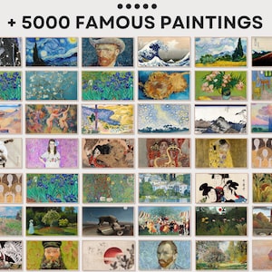 May include: A collage of over 5,000 famous paintings, including works by Van Gogh, Monet, and Hokusai. The paintings are arranged in a grid pattern and feature a variety of styles and subjects.