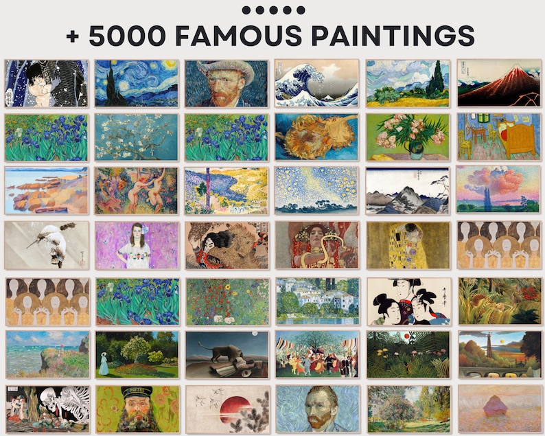 May include: A collage of over 5,000 famous paintings, including works by Van Gogh, Monet, and Hokusai. The paintings are arranged in a grid pattern and feature a variety of styles and subjects.