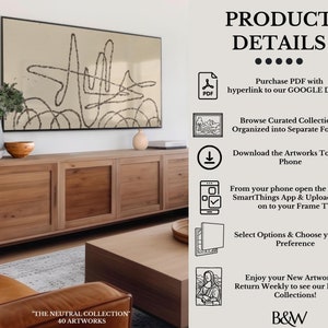 May include: A digital art print of a black and white abstract design on a beige background. The print is displayed on a Samsung Frame TV, which is mounted on a wooden wall unit. The image also includes a description of the product details, including the ability to purchase a PDF with a hyperlink to a Google Drive folder, browse curated collections, download artworks to a phone, and upload art to a Frame TV.
