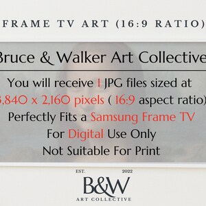 May include: A white frame with a digital art print inside. The print is a painting of a woman's face. The text on the frame reads "Bruce & Walker Art Collective", "You will receive 1 JPG files sized at 3,840 x 2,160 pixels (16:9 aspect ratio)", "Perfectly Fits a Samsung Frame TV", "For Digital Use Only", "Not Suitable For Print", "EST. 2022", "B&W", "ART COLLECTIVE".