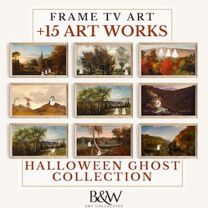 May include: A collection of 15 framed art prints featuring Halloween ghost imagery. The prints are in a rustic wood frame and feature various landscapes with ghosts.