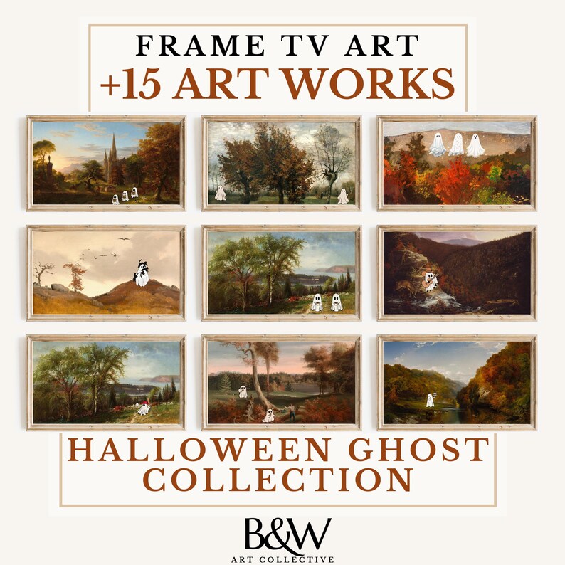 May include: A collection of 15 framed art prints featuring Halloween ghost imagery. The prints are in a rustic wood frame and feature various landscapes with ghosts.