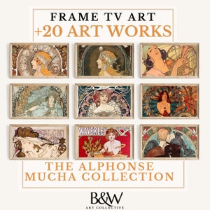 May include: A collection of 9 framed art prints showcasing the work of Alphonse Mucha. The prints feature a range of colours and styles, all depicting women in graceful poses. The prints are arranged in a grid formation, each framed in a plain black frame.