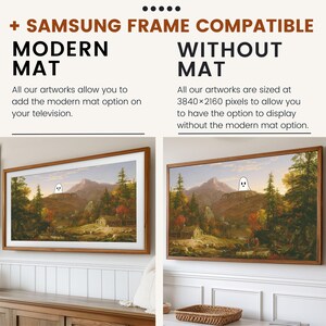 May include: Two framed landscape paintings, one with a modern mat and one without. Both paintings feature a forest scene with a cabin in the distance. The text "SAMSUNG FRAME COMPATIBLE" is at the top of the image.