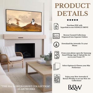 May include: A digital art print of a spooky Halloween ghost collection with 15 artworks. The image shows a living room with a fireplace, a chair, and a coffee table. The artwork is displayed on a television screen.