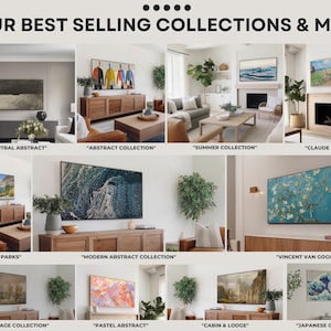 May include: A collage of images showcasing different art prints for sale. The prints feature a variety of styles, including abstract, landscape, and impressionistic. The images are displayed in various home settings, such as living rooms and bedrooms.