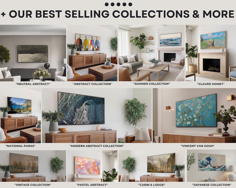 May include: A collage of images showcasing different art prints for sale. The prints feature a variety of styles, including abstract, landscape, and impressionistic. The images are displayed in various home settings, such as living rooms and bedrooms.